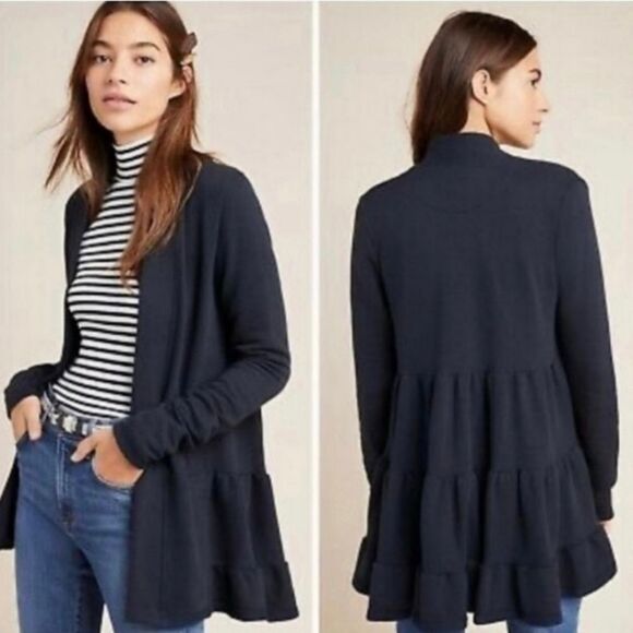 Anthropologie Lila Tiered Babydoll Open Front Cardigan Sweater XS navy blue - Picture 1 of 6
